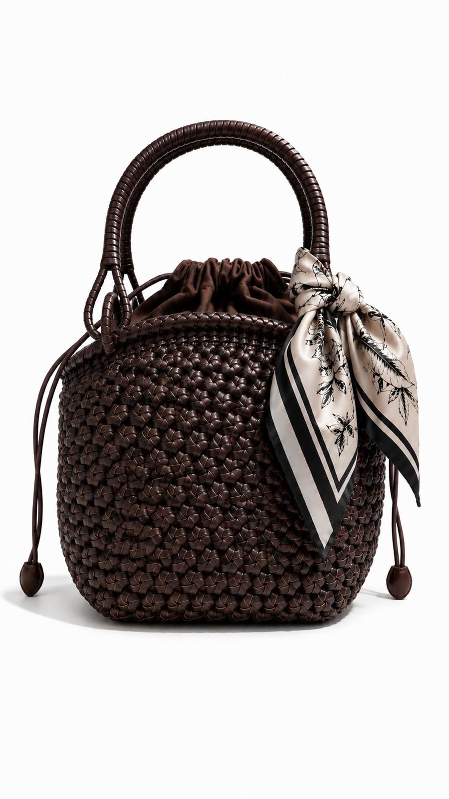 Bolso Eclat cesta de piel lavada trenzada con pañuelo, Azul Celeste Milano color Marrón
