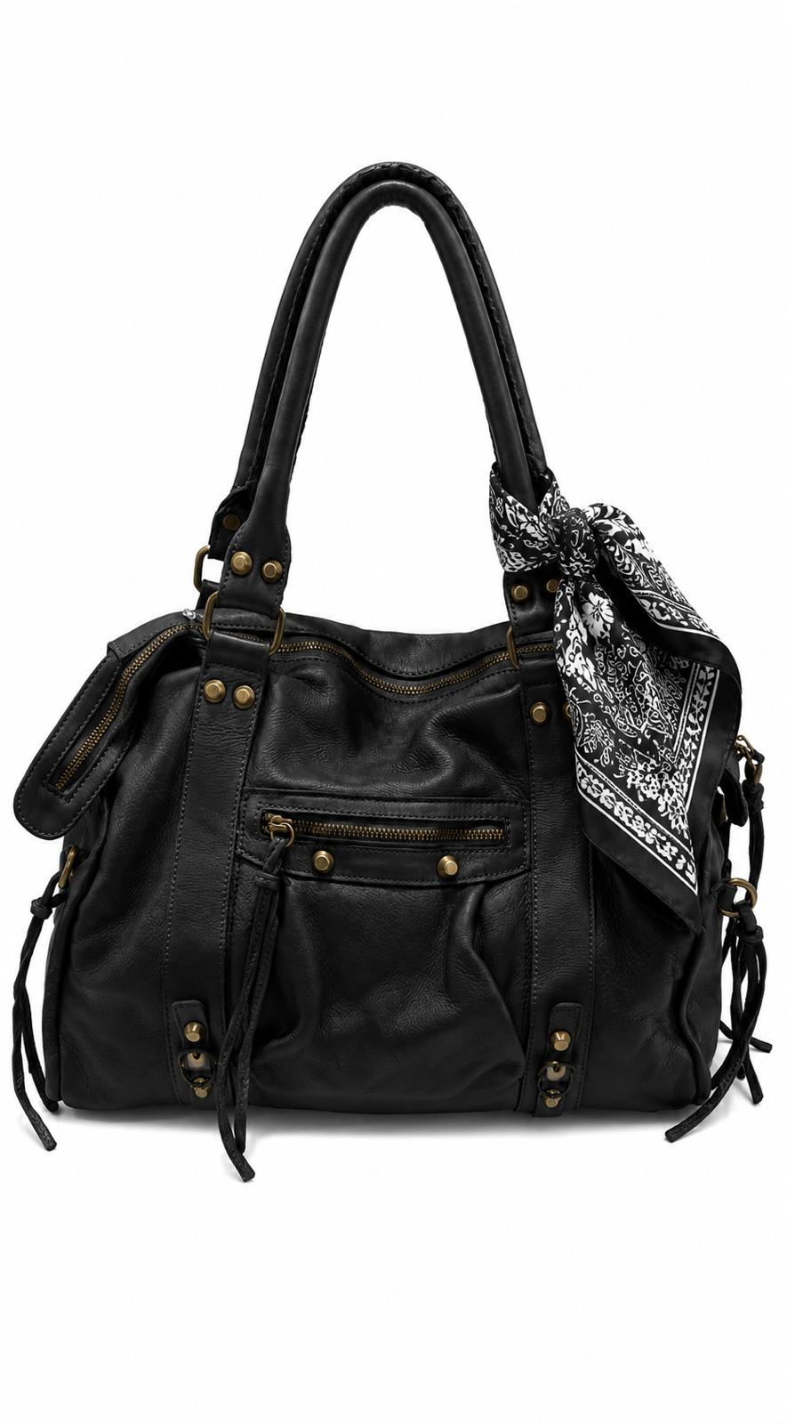 Bolso Ginevra piel lavada negro con flecos y pañuelo de seda, Azul Celeste Milano