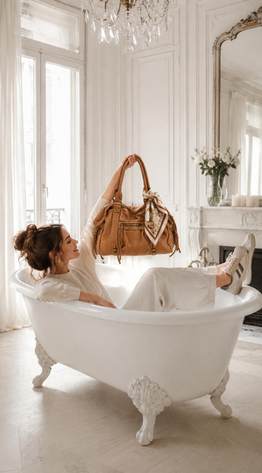 Modelo llevando el Bolso Ginevra de piel lavada color camel, Azul Celeste Milano
