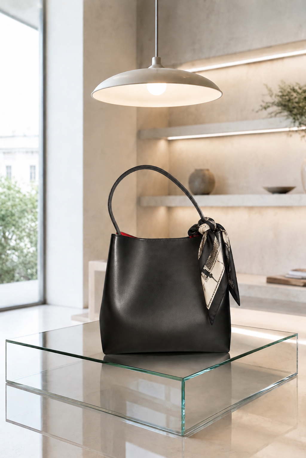 Bolso Tini negro de piel auténtica con pañuelo decorativo y detalles metálicos dorados.