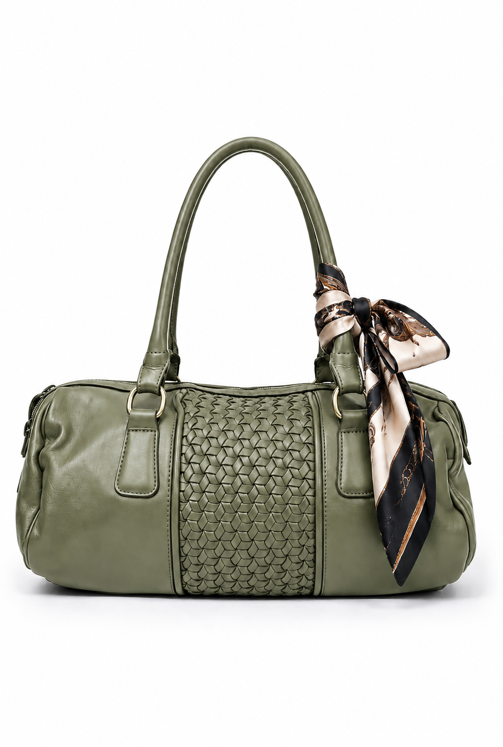 Bolso Halo Piel Lavada color Verde con panel trenzado artesanal – Azul Celeste Milano