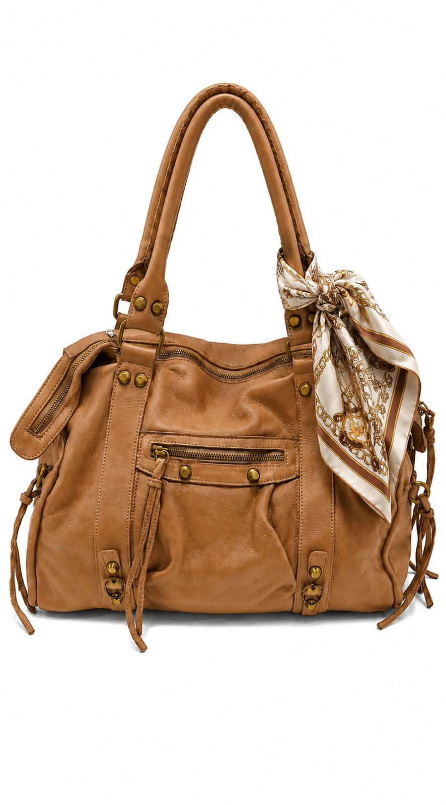 Bolso Ginevra piel lavada camel con flecos y pañuelo de seda, Azul Celeste Milano