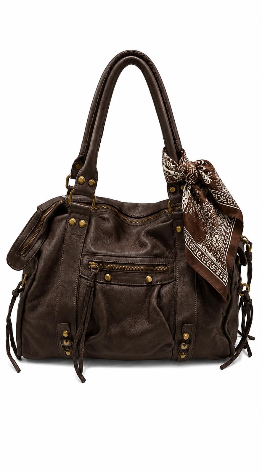 Bolso Ginevra piel lavada marrón chocolate con flecos y pañuelo de seda, Azul Celeste Milano