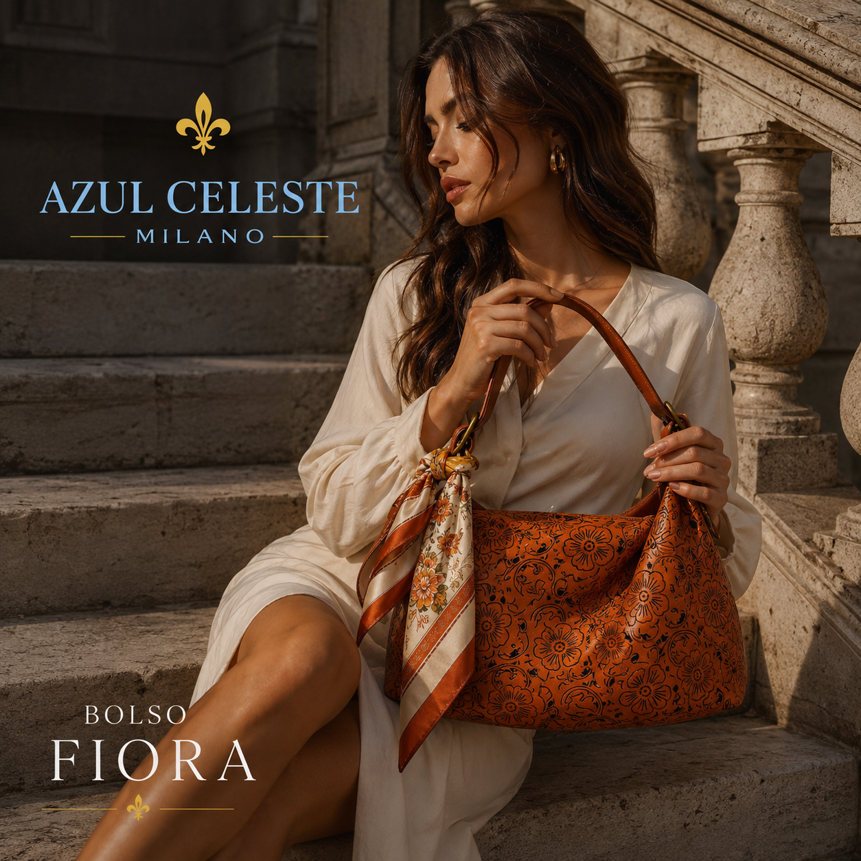 Bolso Fiora piel lavada llevado al hombro por modelo - Azul Celeste Milano
